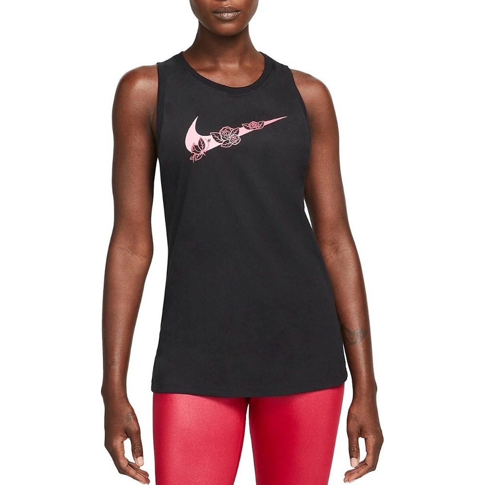 Nike Dri-Fit Tank Top Womens Small Black Floral Swoosh Gym Training Workout